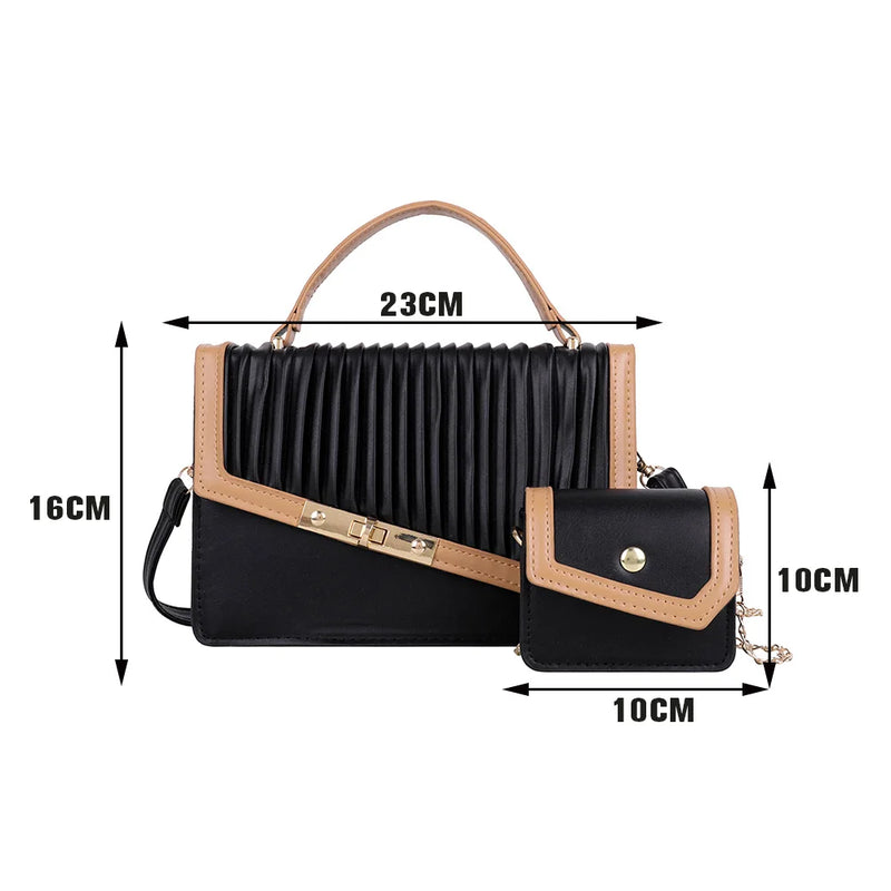 PU Leather Pleated Flap Handle Shoulder Bag with Mini Purse Handbag