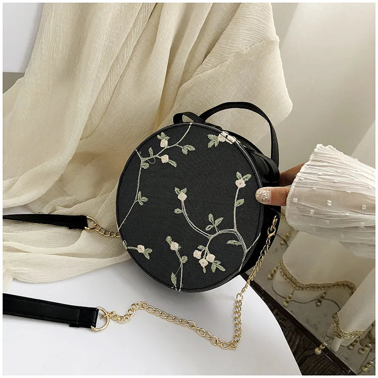 PU Leather Round Women's Bag Sweet Shoulder Bag Small Fresh Flower Messenger Bag