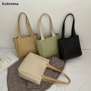 PU Leather Shoulder Bags Women Daily Shopping Large Capacity Soft Tote Bag Solid