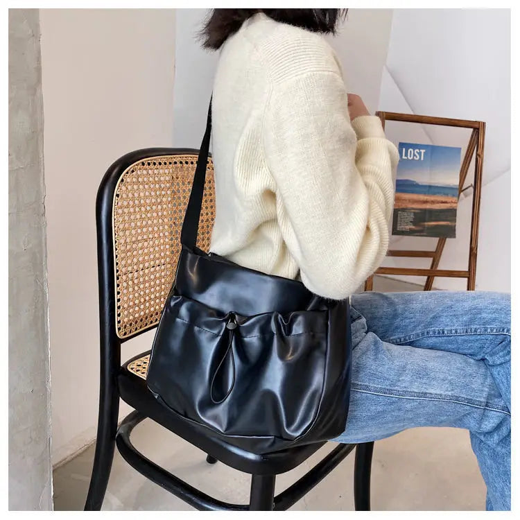 PU Leather Shoulder Bags Women Drawstring Solid Casual Cross Body All-match