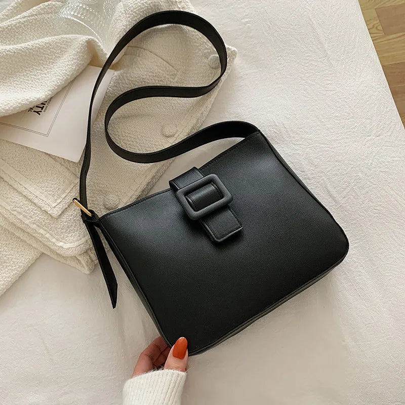PU Leather Shoulder Bags Women Solid Tender Wide Strap Cross Body Square Bag