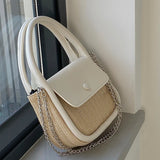 PU Splicing Straw Women Handbags Shoulder Bags Chain Tote