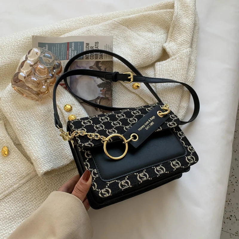 Embroidered Letter Handbag with Chain - Small Square Flip Bag