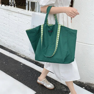 Large Women Plaid Shopping Bag Reusable Canvas Shoulder Bag 6 Colors Tote Bag