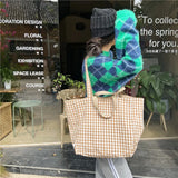 Large Women Plaid Shopping Bag Reusable Canvas Shoulder Bag 6 Colors Tote Bag