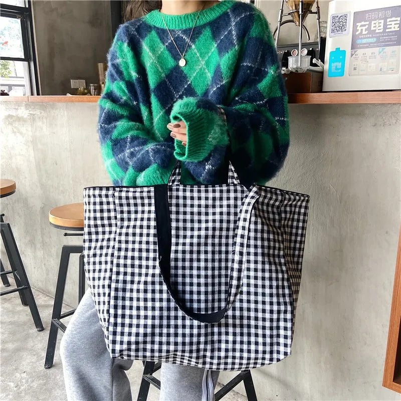 Large Women Plaid Shopping Bag Reusable Canvas Shoulder Bag 6 Colors Tote Bag