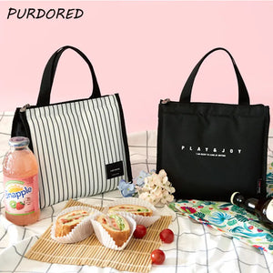 Portable Stripe Lunch Bag for Women Insulated Tote Container Bento Organizer