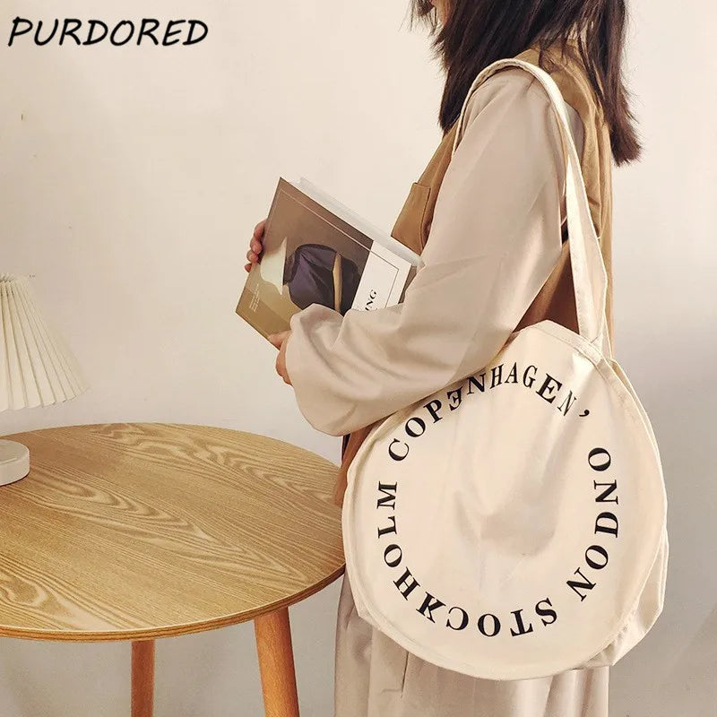 Round Shape Women Tote Bag Canvas Letter Decoration Handbag