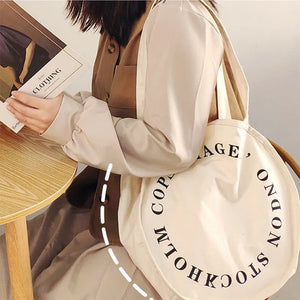 Round Shape Women Tote Bag Canvas Letter Decoration Handbag