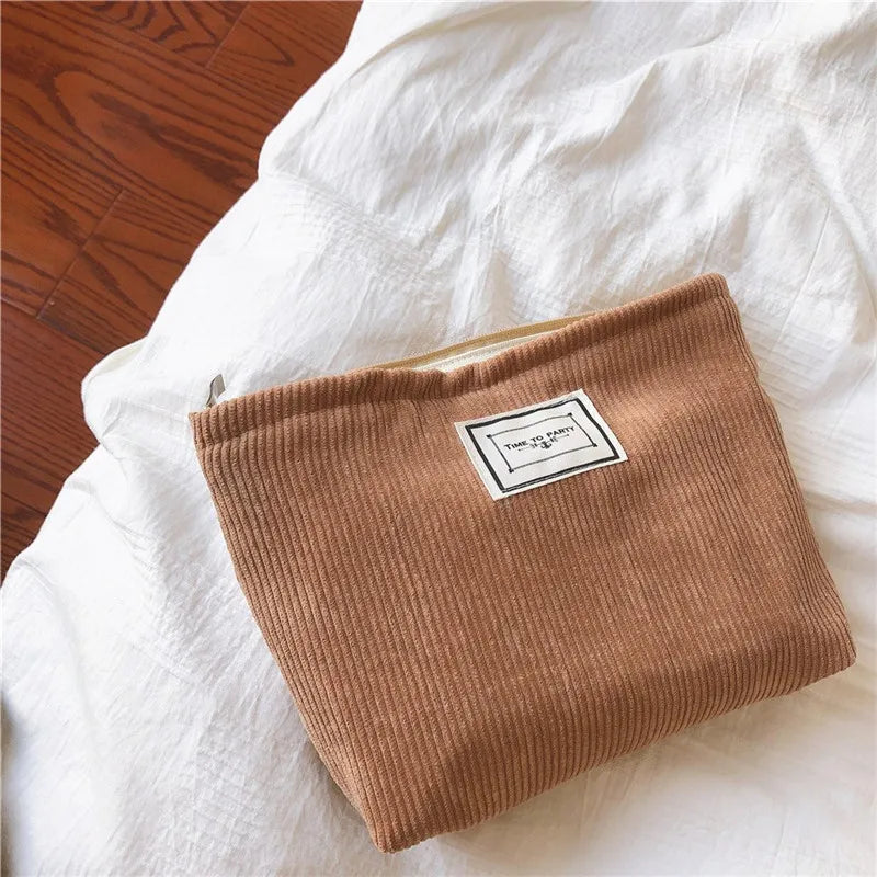 Soft Corduroy Makeup Bag Large Solid Cosmetic Travel Organizer