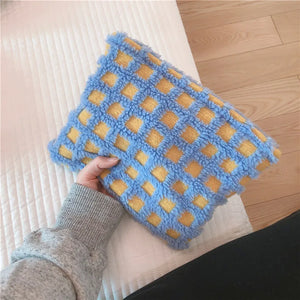 Winter Soft Lambswool Cosmetic Bag Large Fur Plaid Makeup Travel Organizer