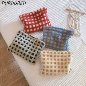 Winter Soft Lambswool Cosmetic Bag Large Fur Plaid Makeup Travel Organizer