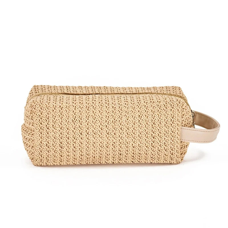 Women Grass Weave Makeup Bag Summer Travel Cosmetic Beauty Kit