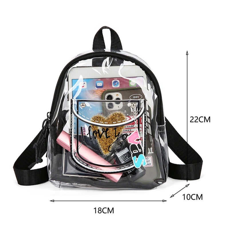 PVC Transparent Backpack Letter Love Women Girl Travel Small Shoulder Schoolbag
