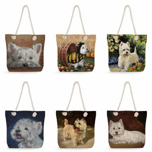 Handpainted Westie Dog Tote Bag Eco-Friendly Shopper Portable Foldable
