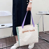 Canvas Panelled Letter Shoulder Bag Large Capacity Handbag