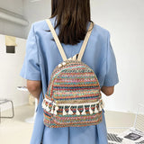 Panelled Straw Backpack For Women Summer Beach Shoulder Schoolbags