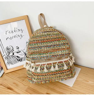 Panelled Straw Backpack For Women Summer Beach Shoulder Schoolbags