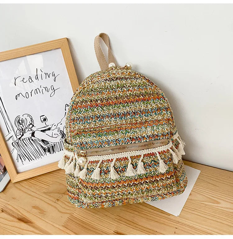 Panelled Straw Backpack For Women Summer Beach Shoulder Schoolbags