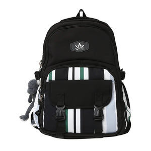 Panelled Stripe Nylon Backpack Women Multiple Pockets Travel Backpack