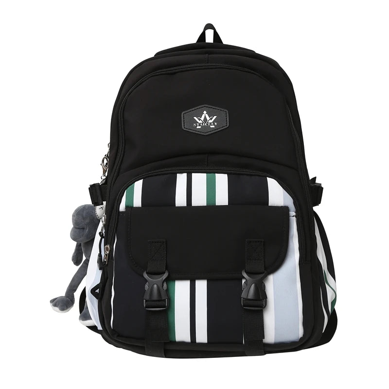 Panelled Stripe Nylon Backpack Women Multiple Pockets Travel Backpack