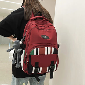 Panelled Stripe Nylon Backpack Women Multiple Pockets Travel Backpack