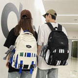 Panelled Stripe Nylon Backpack Women Multiple Pockets Travel Backpack