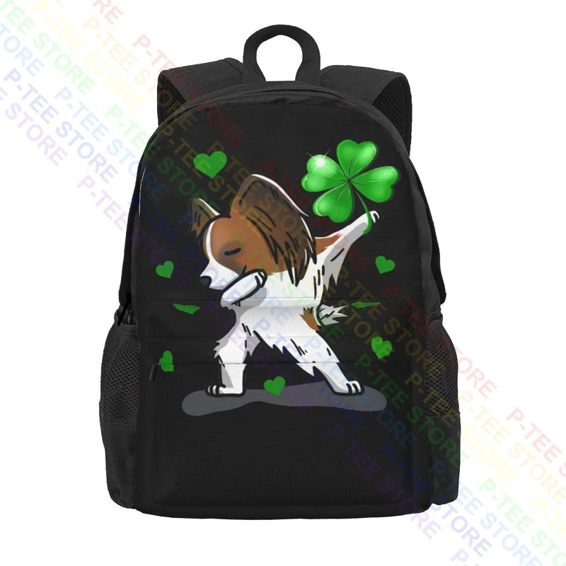 Papillion Dog Dabbing Large Backpack Lucky Irish Shamrock