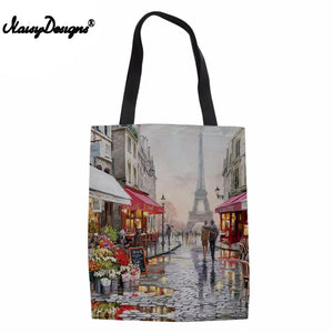 Paris Flower Street Pattern Canvas Tote Shoulder Bag