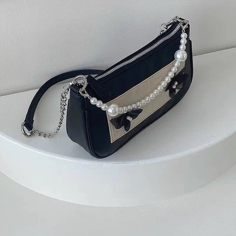Vintage Pearls Underarm Chain Bag PU Leather Flap Handbag