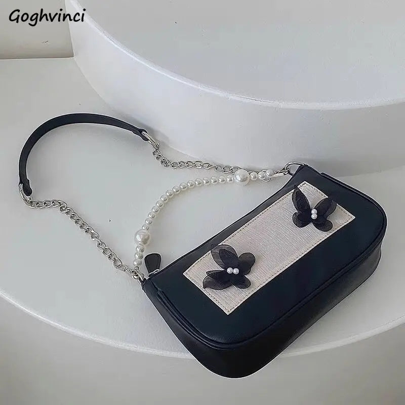 Vintage Pearls Underarm Chain Bag PU Leather Flap Handbag