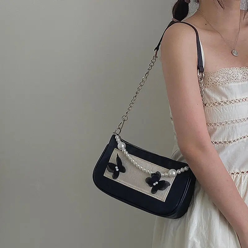 Vintage Pearls Underarm Chain Bag PU Leather Flap Handbag