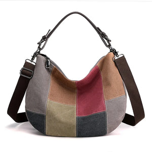 Women's Patchwork Canvas Handbag Large Capacity Shopping Bag