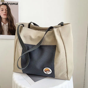 Canvas Patchwork Shoulder Bag Women Large Capacity Tote Handbag Harajuku