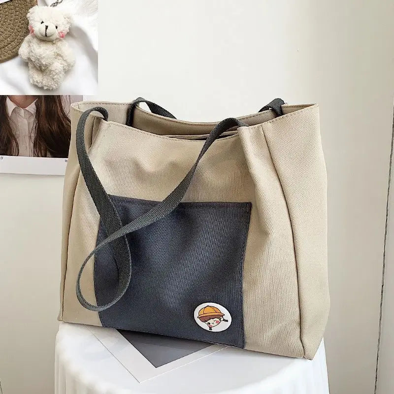 Canvas Patchwork Shoulder Bag Women Large Capacity Tote Handbag Harajuku