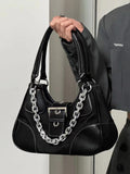 Patent Leather Canvas Underarm Bag Metal Chain Handbag Hip-Hop Style