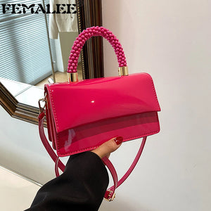 Patent PU Leather Women Top Bag Ladies Shoulder Bag Beading Handle Handbags
