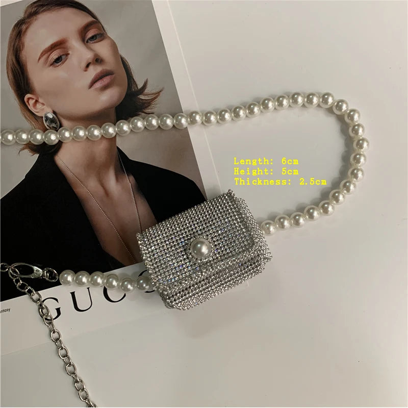 Pearl Rhinestone Mini Purses PU Leather Coin Wallets Chain Decorative Bags