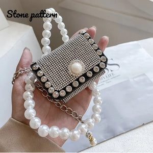 Pearl Rhinestone Mini Purses PU Leather Coin Wallets Chain Decorative Bags