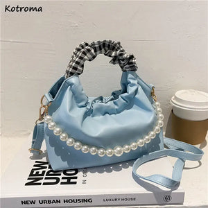 Pearls Shoulder Bags Women Temperament PU Leather Pleated Cloud Bag