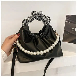 Pearls Shoulder Bags Women Temperament PU Leather Pleated Cloud Bag