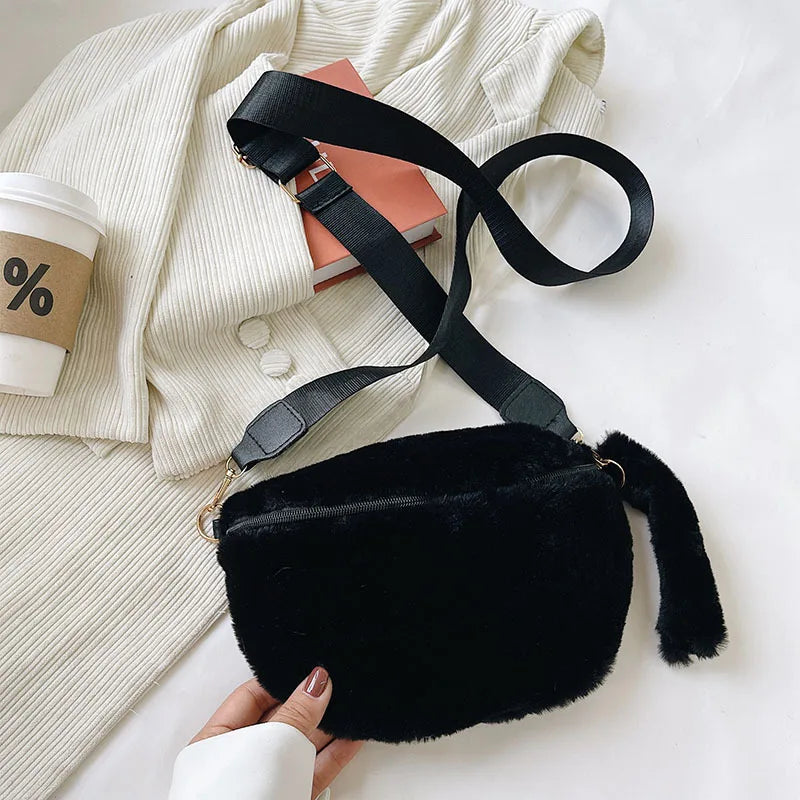 Winter Women Waist Bag Plush Crossbody Bag Solid Faux Fur Waist Pack