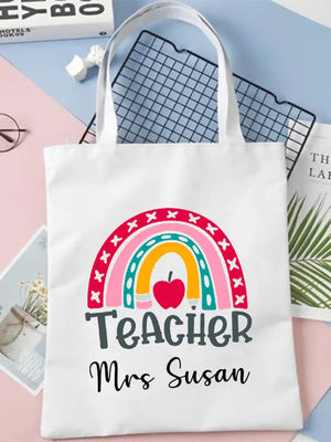 Personalised Rainbow Teacher Shoulder Bag Name Women Canvas Shopping Bag Eco