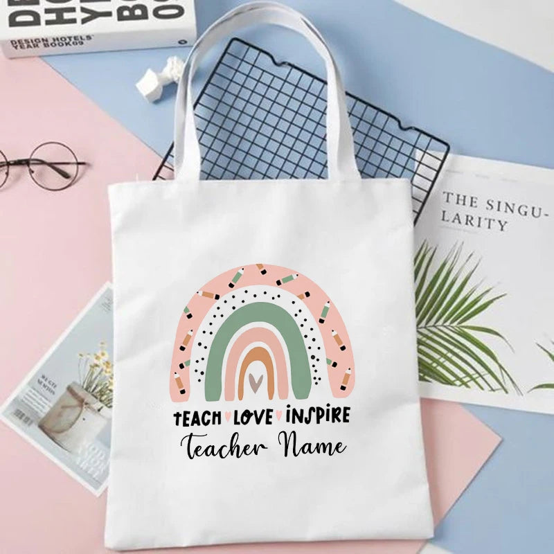 Personalised Rainbow Teacher Shoulder Bag Name Women Canvas Shopping Bag Eco
