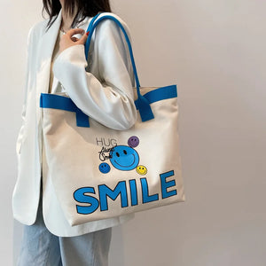 Smiley Cartoon Handbag Shopper Bag High Capacity Canvas Women's