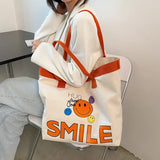 Smiley Cartoon Handbag Shopper Bag High Capacity Canvas Women's