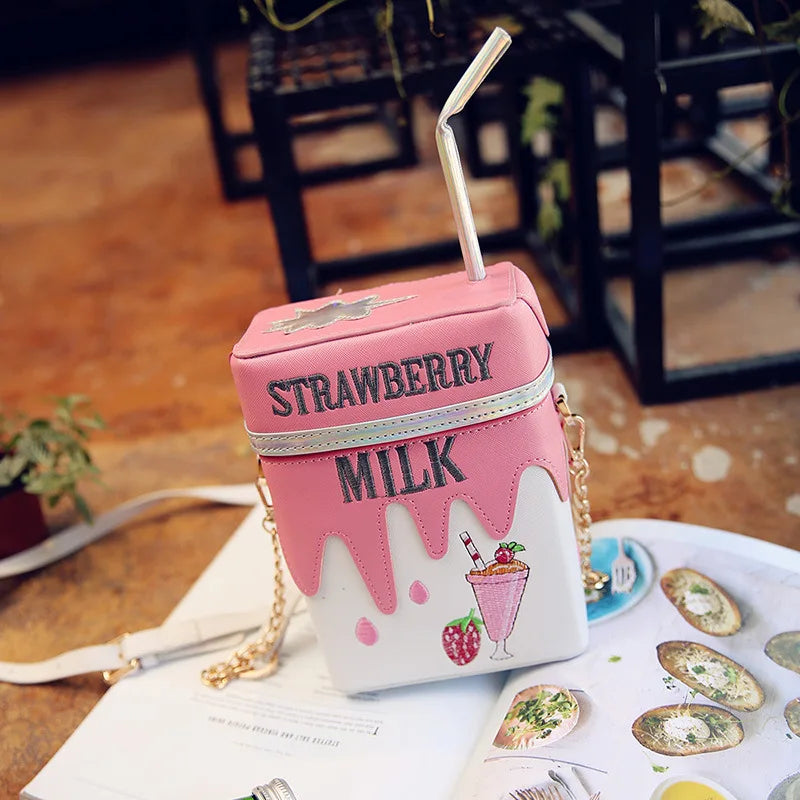 Milk Box Shape Shoulder Bag Printed Drink Bottle Crossbody Bags