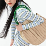 Round Shape Canvas Tote Bag for Women Pleated Shopper Handbags