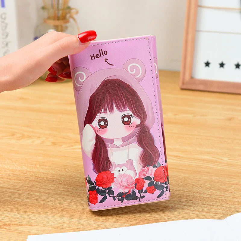 Creative Cartoon Girl Printed Long Wallet PU Leather Clutch