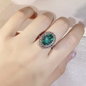 Oval Firework Craft 925 Silver Emerald Ring Party Travel Wedding
